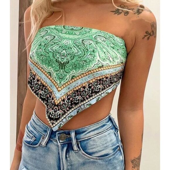 Green Printed Satin Silk Bandana Crop Top Tie Back Triangle Sleeveless Cami Top - Picture 1 of 9